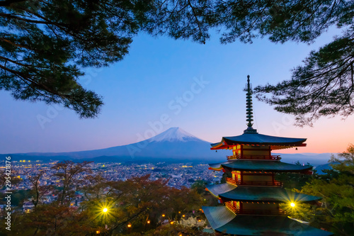 Landmark of japan Chureito red Pagoda and Mt. Fuji in Fuji Yoshida of Japan