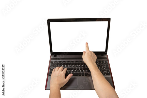 person hand with forefinger pointing at laptop screen isolated on white background,clipping path