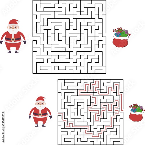 Christmas maze game for preschool and school kids. Santa is looking for gifts. Cartoon vector