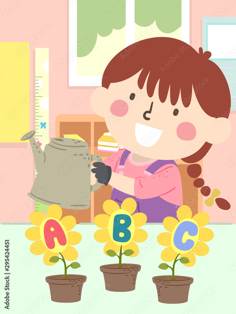 Kid Girl Water Flower Plant Classroom Illustration