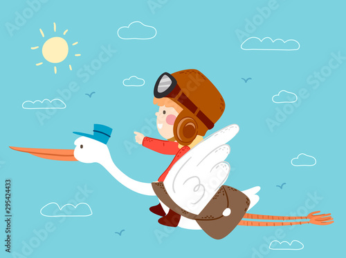 Kid Boy Ride Bird Stork Travel Fly Illustration