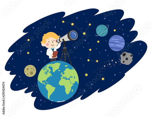 Kid Boy Astronomer Space Illustration