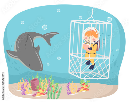 Kid Girl Oceanography Shark Cage Illustration