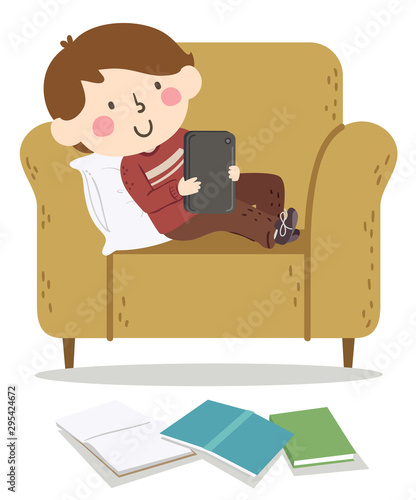 Kid Boy Procrastinating Study Tablet Illustration