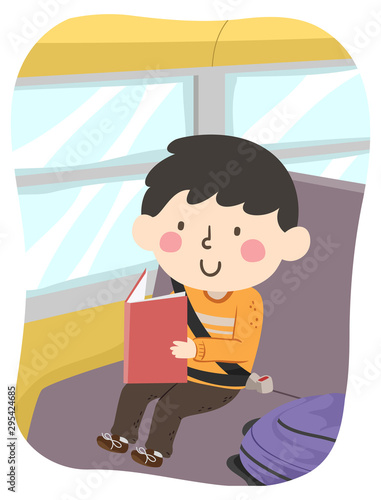 Kid Boy Read Book Bus Illus...