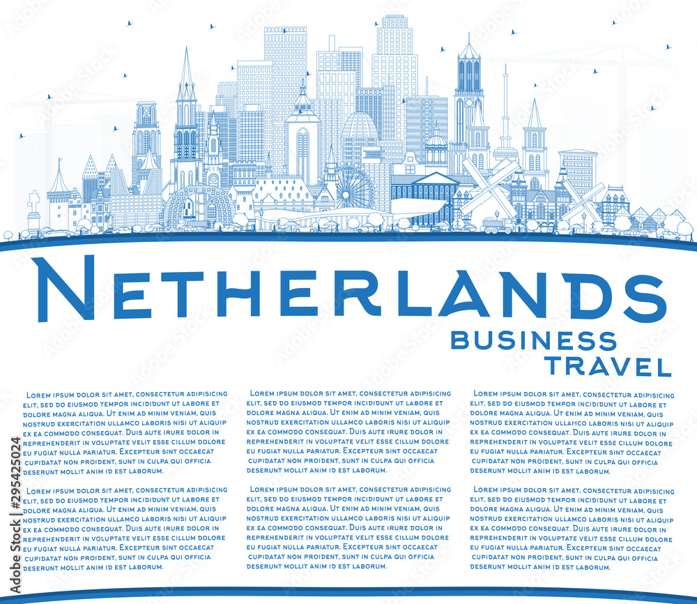 Outline Netherlands Skyline with Blue Buildings and Copy Space.