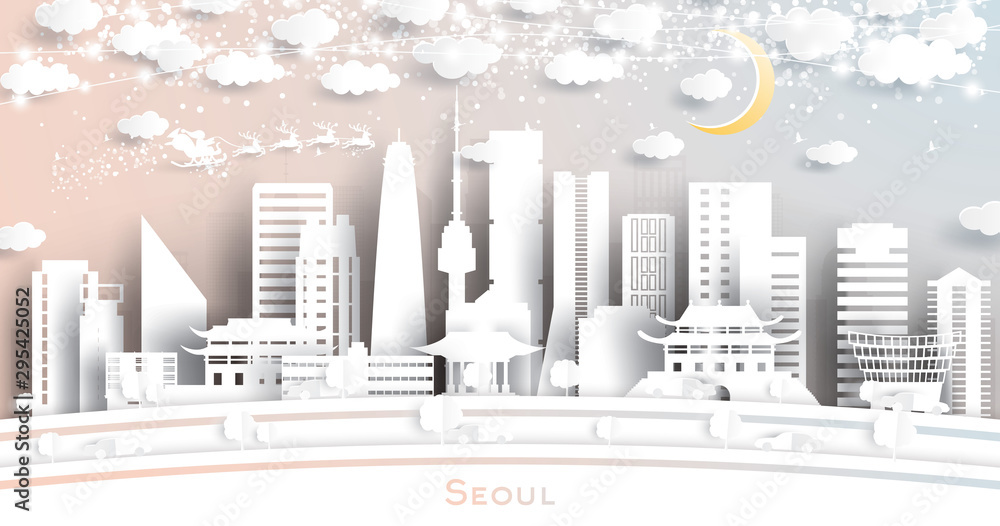 Fototapeta premium Seoul South Korea City Skyline in Paper Cut Style with Snowflakes, Moon and Neon Garland.