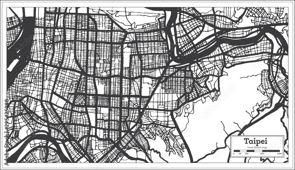 Taipei Taiwan Indonesia City Map in Black and White Color. Outline Map.