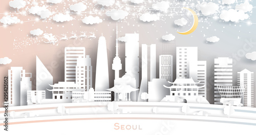 Seoul South Korea City Skyline in Paper Cut Style with Snowflakes, Moon and Neon Garland.