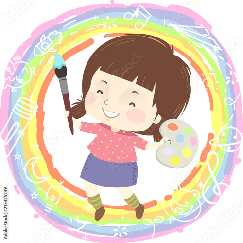 Kid Girl Paint Rainbow Illu...