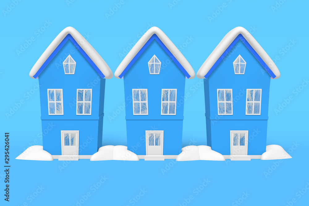 3d rendering winter three identical house snow on the roof, snowdrifts on a blue background.