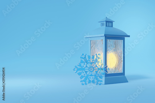 3d rendering of a vintage, antique lantern and snowflake. Orange fire shines behind frosty glass. Illustration on a blue background © photolas