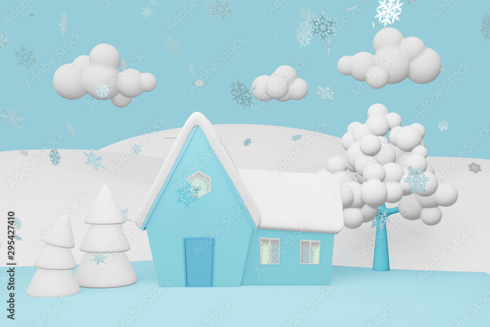 3D rendering of a winter village landscape. Lonely house in the snow, a white tree and freezing pine trees on a background of fields and blue sky