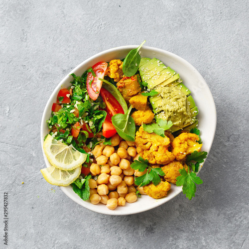 Bowl Buddha Balanced healthy vegetarian food top view