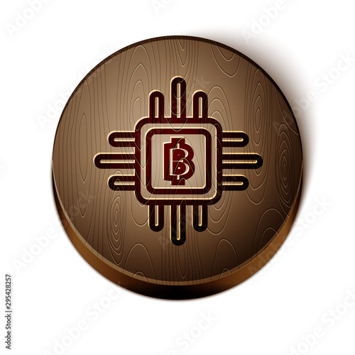 Brown line CPU mining farm icon isolated on white background. Bitcoin sign inside processor. Cryptocurrency mining community. Digital money. Wooden circle button. Vector Illustration