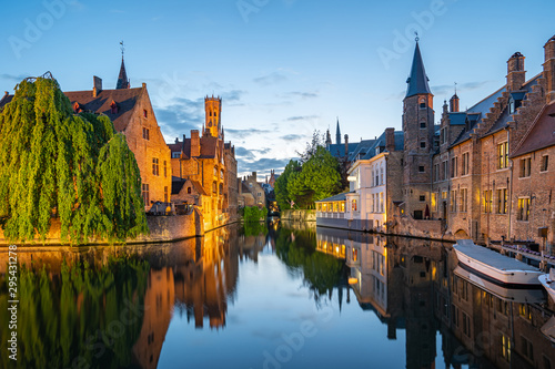 Bruges skyline with old buildings at twilight in Bruges, Belgium