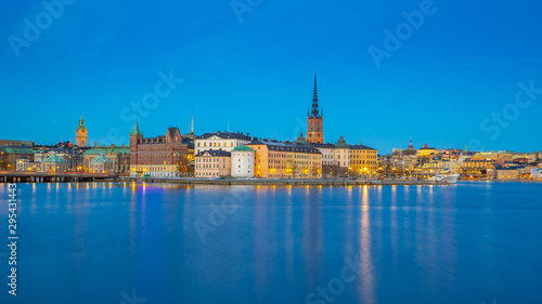 Stockholm city skyline with view of Gamla Stan at night in Stockholm, Sweden