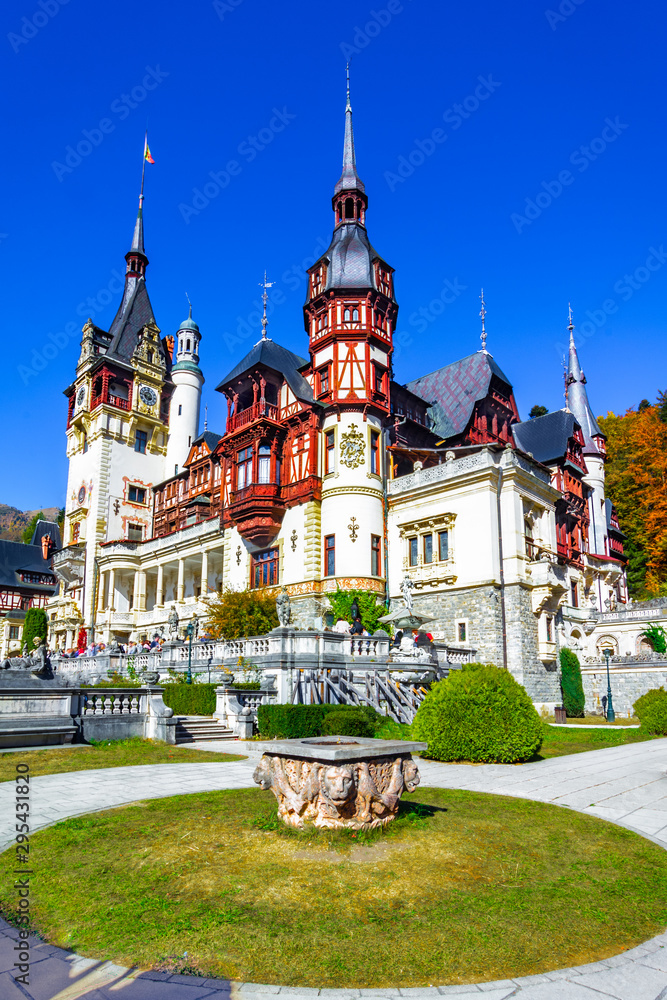 Peles Castle, Sinaia, Prahova County, Romania: Famous Neo-Renaissance castle in autumn colours Peles Castle, Sinaia, Prahova County, Romania: Famous Neo-Renaissance castle in autumn colours