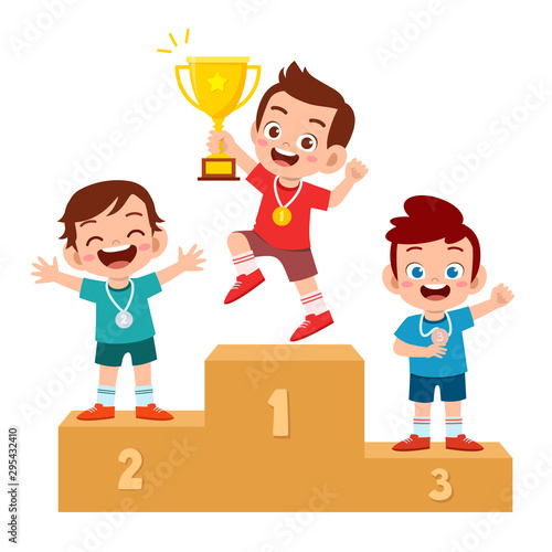 happy cute kid win game gold trophy