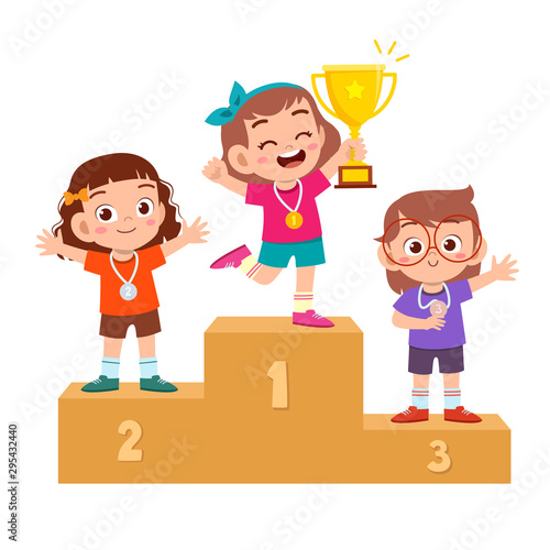 happy cute kid win game gold trophy