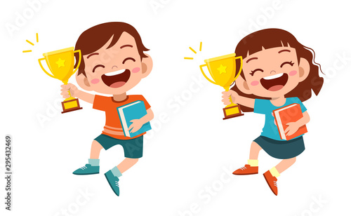 happy cute kids win game gold trophy