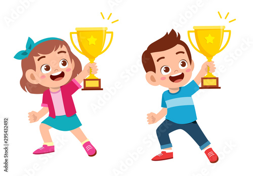 happy cute kids win game gold trophy