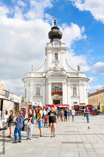 WADOWICE, POLAND - SEPTEMBER 14, 2019: Food trucks festival in front of the basilica at the market square photo