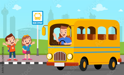 happy cute kids wait school bus with friends