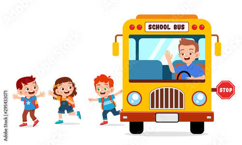 happy cute kids ride bus from school