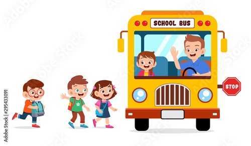 happy cute kids go to school by bus