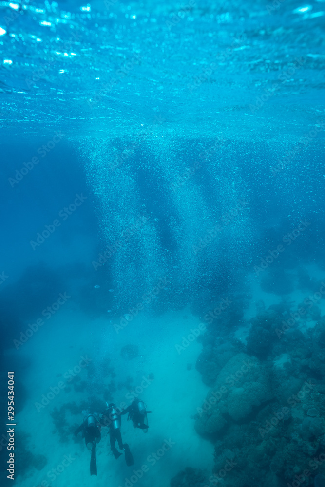 Fototapeta premium Great barrier reef, Australia: Divers swimming on the bottom, bubbles go to the surface