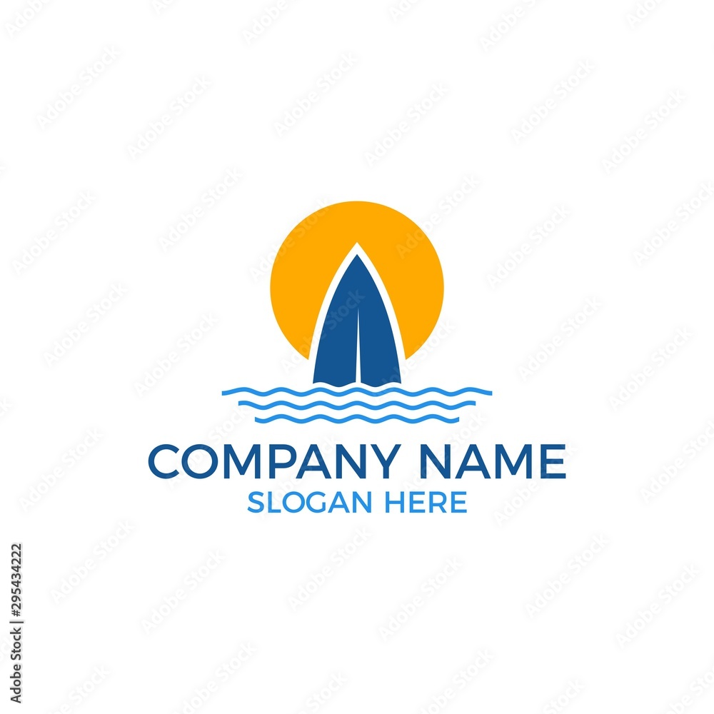 Surf logo vector. Surfboard with sunset template for logo. Beach outdoor recreation Surf logo vector. Surfboard with sunset template for logo. Beach outdoor recreation