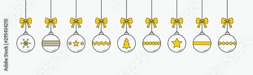 Hanging Christmas balls on white background. Festive decoration. Banner. Vector