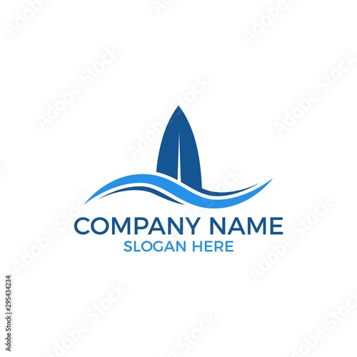 Surf logo vector. Surfboard with wave template for logo. Beach outdoor recreation