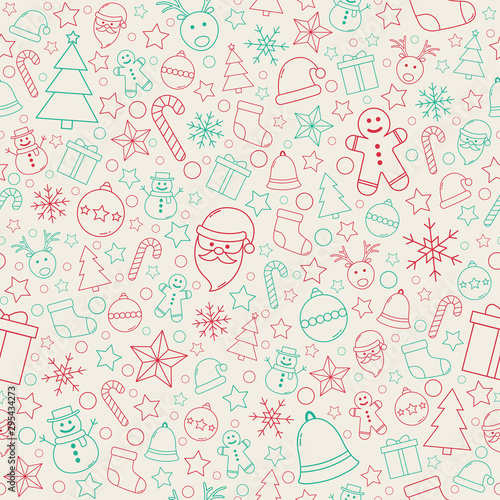 Christmas texture with ornaments. Xmas seamless pattern. Vector