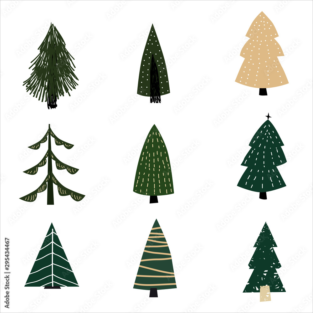 Set Christmas forest tree fir-tree icon. Simple doodles black white illustration in scandinavian style Set Christmas forest tree fir-tree icon. Simple doodles black white illustration in scandinavian style