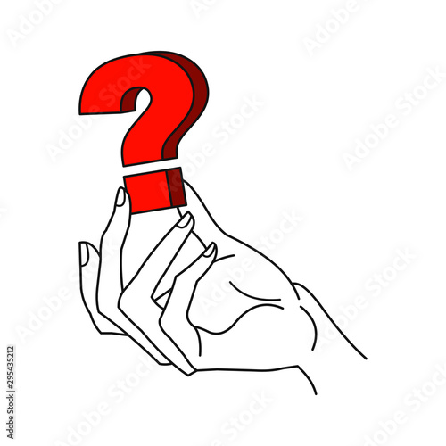 Hand holding a red question mark symbol. Outline thin line illustration. Flat. Isolated on white background. Concept of quiz. 