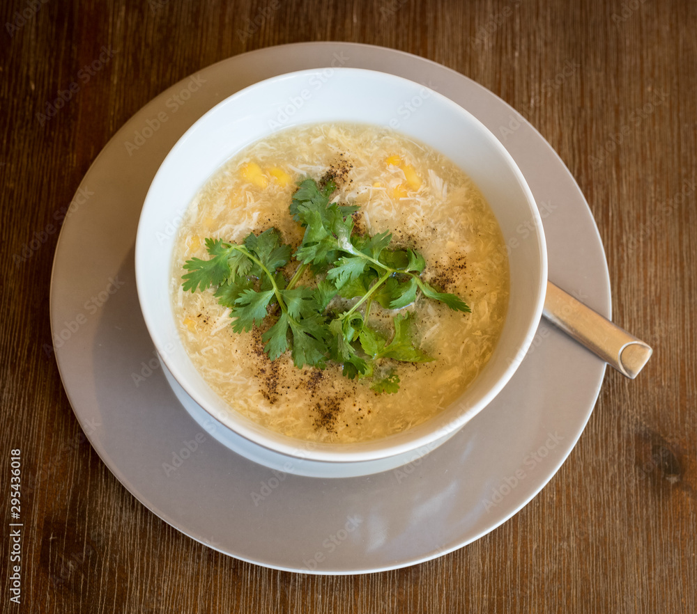 Asian crab meat soup with chicken, egg and corn. Asian crab meat soup with chicken, egg and corn.