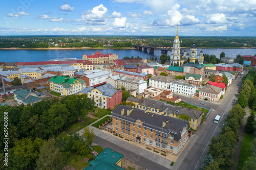View of the historical center of Rybinsk on a sunny July day (aerial photography). Yaroslavl region, Russia