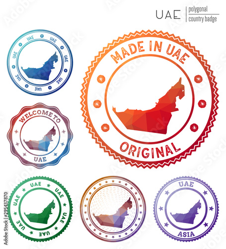 UAE badge. Colorful polygonal country symbol. Multicolored geometric UAE logos set. Vector illustration.