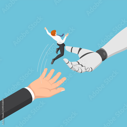 Isometric businessman jump from human to ai robot hand