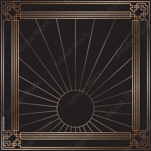 Vector card. Art Deco style. Dark golden geometric frame on black background. Art Deco rising sun. Luxury pattern. Minimal design.