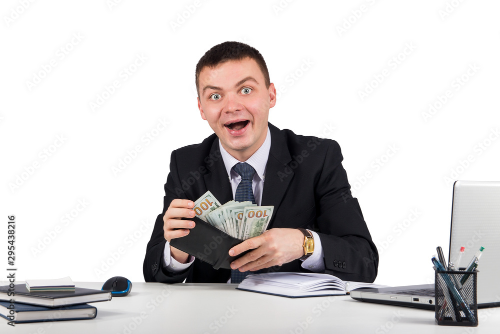 Business,office, technology, finances and internet concept -funny young screaming successful caucasian businessman in black suit holding money Business,office, technology, finances and internet concept -funny young screaming successful caucasian businessman in black suit holding money