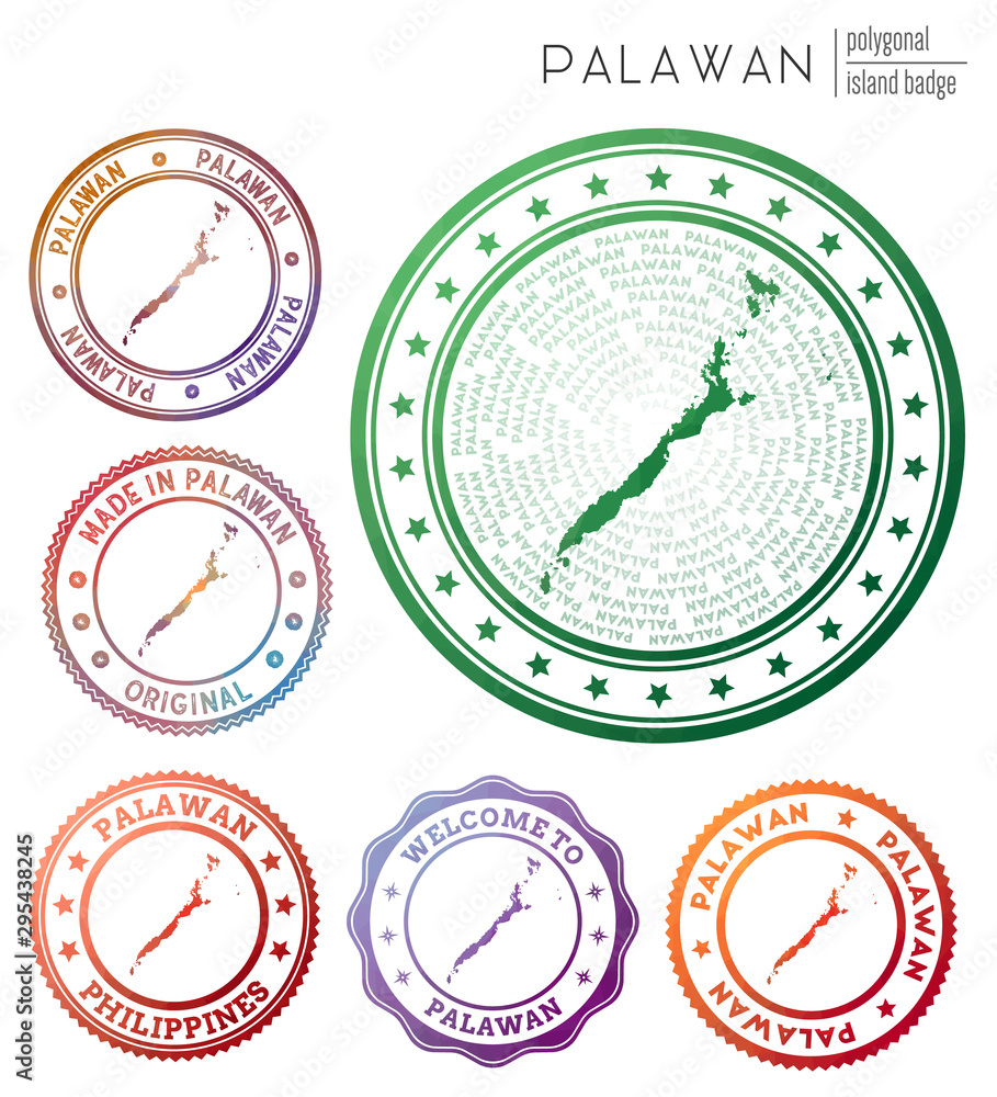 Naklejka premium Palawan badge. Colorful polygonal island symbol. Multicolored geometric Palawan logos set. Vector illustration.