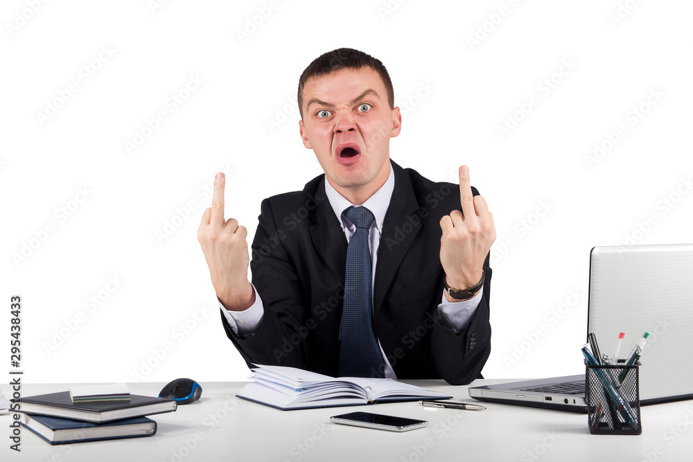 Office, finances, internet, business, success and stress concept-Angry businessman showing you the middle fingers Office, finances, internet, business, success and stress concept-Angry businessman showing you the middle fingers