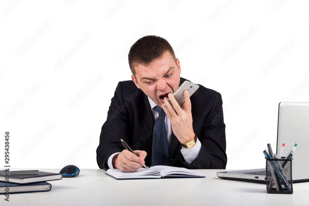 Office, finances, internet, business, success and stress concept-Angry businessman with smartphone shouting Office, finances, internet, business, success and stress concept-Angry businessman with smartphone shouting