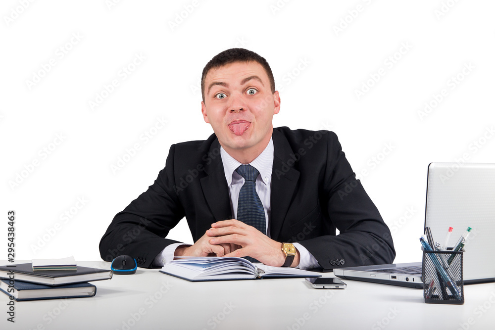 Office, finances, internet, business, success concept-Businessman showing tongue Office, finances, internet, business, success concept-Businessman showing tongue