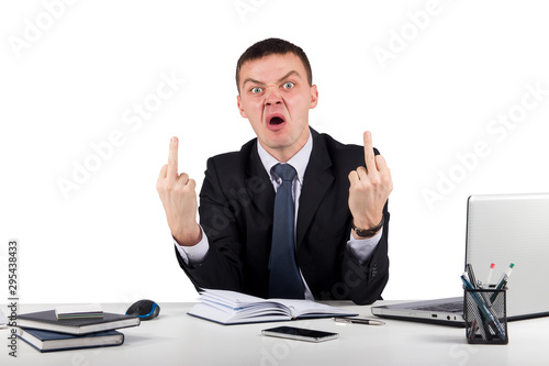 Office, finances, internet, business, success and stress concept-Angry businessman showing you the middle fingers