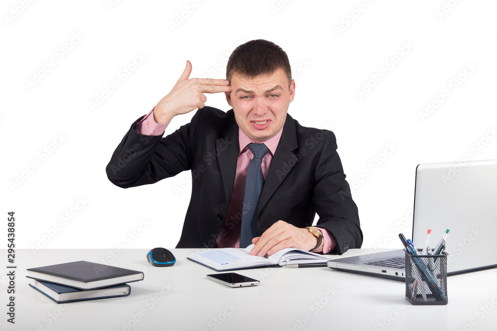 Office, finances, internet, business, success and stress concept-Frustrated businessman despair pointing his finger to his head like shooting a gun Office, finances, internet, business, success and stress concept-Frustrated businessman despair pointing his finger to his head like shooting a gun