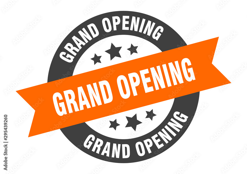 Fototapeta premium grand opening sign. grand opening orange-black round ribbon sticker